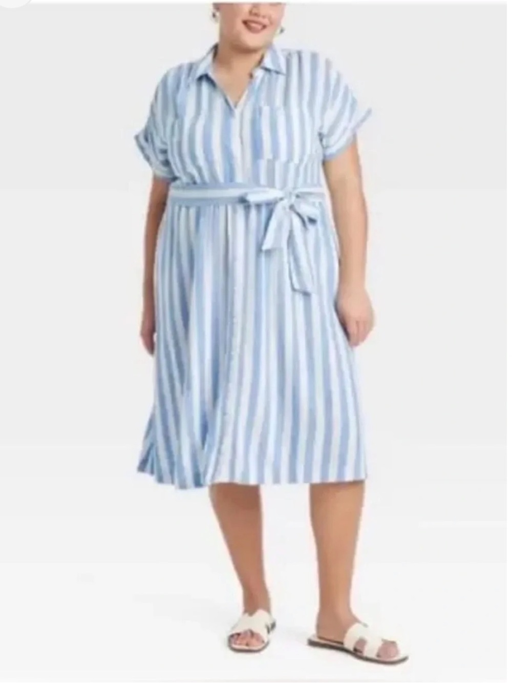 Target Ava & Viv Blue White & Striped Button Down Midi Dress with Belt Tie Waist